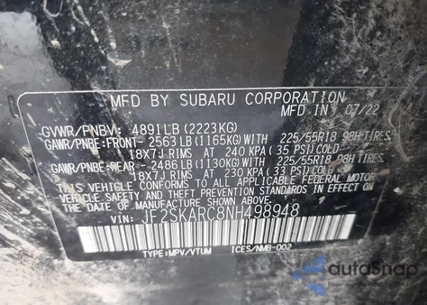 2022 Subaru Forester Touring из США, поврежденный, VIN JF2SKARC8NH498948